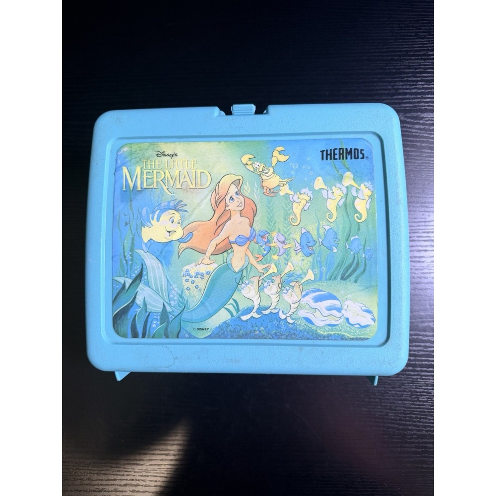 Vintage Disney Little Mermaid Thermos Lunch Box Ariel Flounder Blue No Thermos